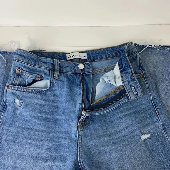 Zara the HW kick high waist distressed hem high medium wash blue jeans  XS - Picture 7 of 16